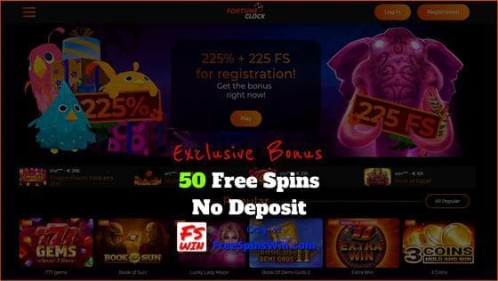 FORTUNE CLOCK Recenzja kasyna 2 Zdobądź 50 darmowych spinów bez depozytu w kasynie Fortune Clock jest na tym obrazku.