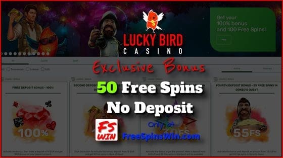 Erhalten Sie 50 Freispiele ohne Einzahlung im Casino Lucky Bird ist in diesem Bild.