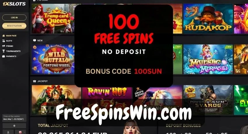 Иллюстрация баннера 100 Free Spins No Deposit в казино 1xSLOTS 2023 на фото.