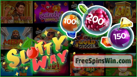 Erhalten Sie großzügige Einzahlungsboni und Freispiele ohne Einzahlung im Casino SlottyWay in diesem Bild!