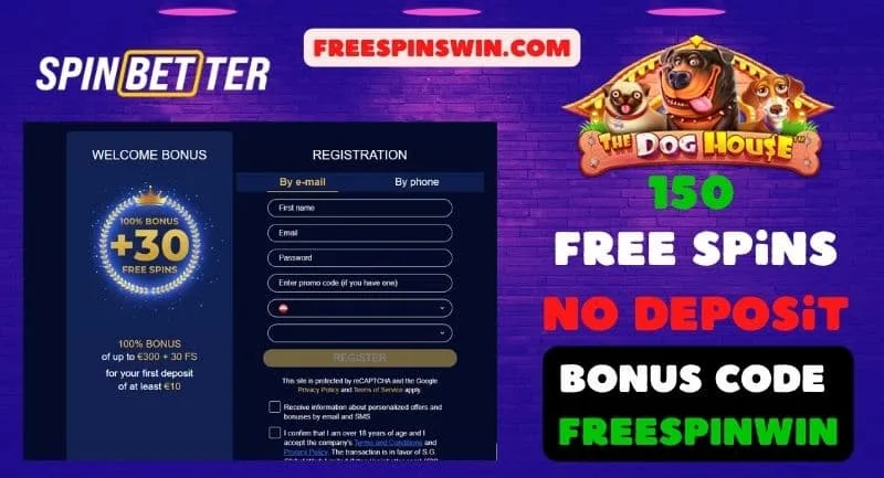 150 Freispiele ohne Einzahlung im SPINBETTER Casino mit dem Bonuscode FREESPINWIN abgebildet.