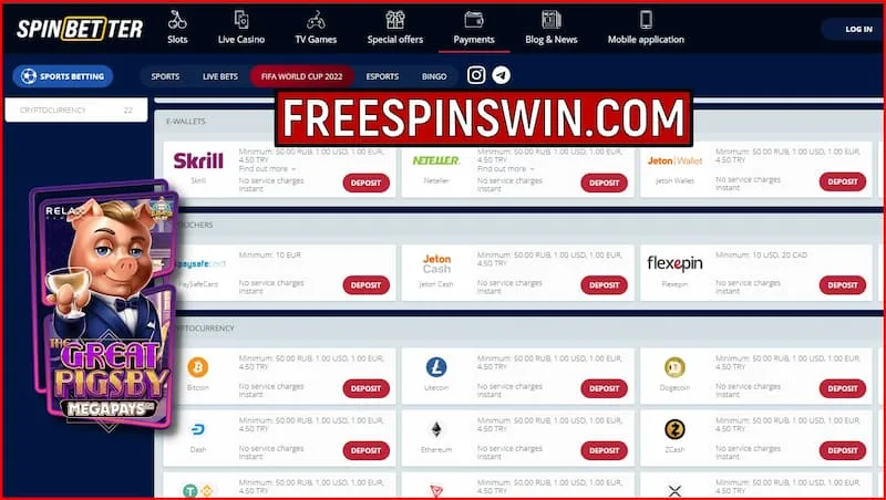 В казино SPINBETTER доступен огромный выбор методов оплаты, включая криптовалюту.