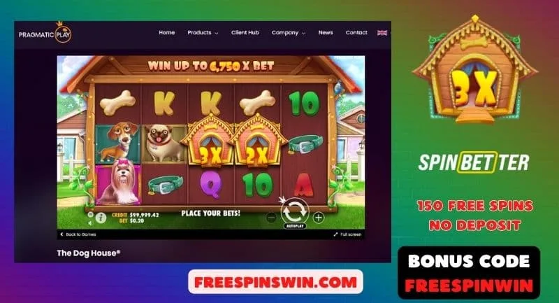 Holen Sie sich 150 Freispiele am Spielautomaten The Dog House im Spinbetter Casino mit dem Bonuscode FREESPINWIN abgebildet.