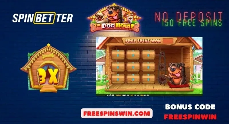 Özel "Sticky Wilds" sembollerini bulun ve resimde gösterilen FREESPINWIN bonus koduyla Dog House Slot oyununda 150 ücretsiz çevirme kazanın.